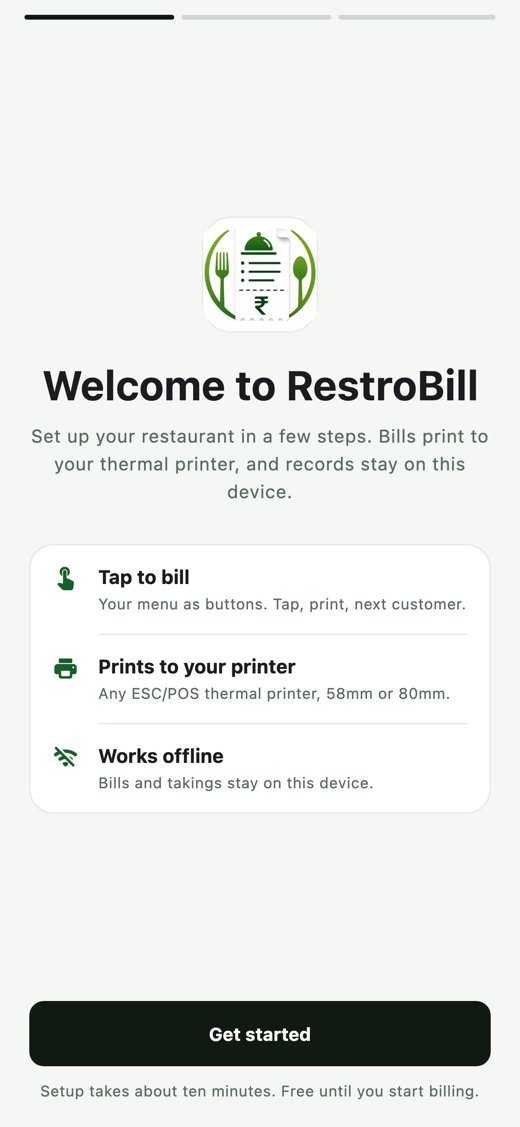 The RestroBill first launch screen, introducing tap to bill, thermal printing and offline use.