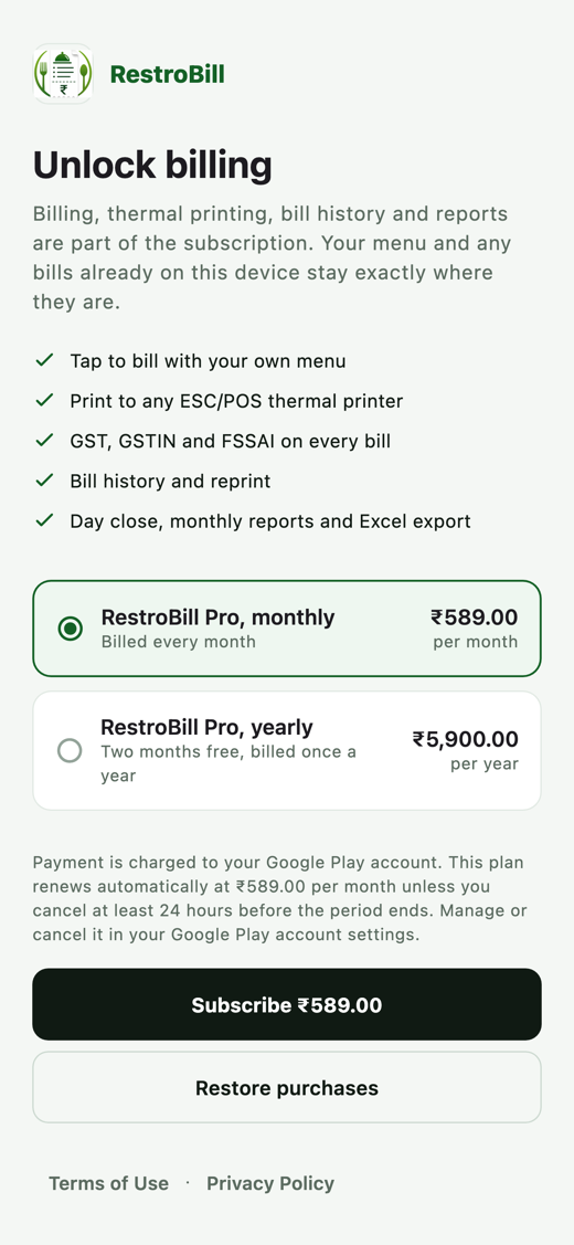 The subscription screen showing the monthly and yearly plans with prices from the store.